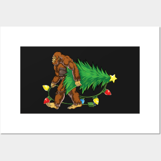 Bigfoot Carrying a Christmas Tree, Funny Sasquatch Gift for Xmas Posters and Art